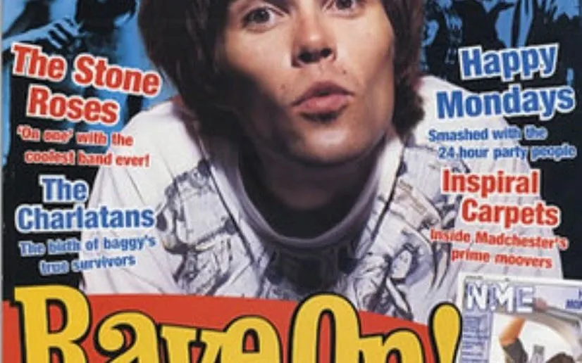 NME magazine cover featuring Manchester bands The Stone Roses, Happy Mondays, and Inspiral Carpets.