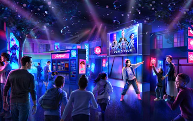 Visitors explore Netflix House Philadelphia with Kpop Demon Hunters theme, featuring vibrant displays and interactive elements.