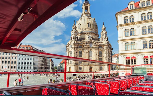 Dresden Frauenkirche viewed from a double-decker bus on a city tour.