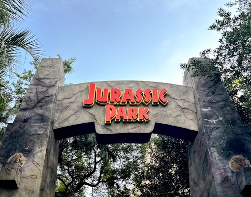 Jurassic World ride with dinosaur animatronics at Universal Studios Hollywood.