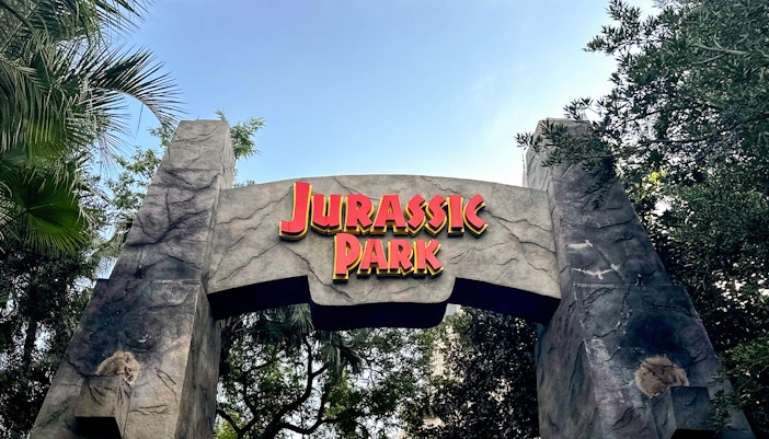 Entrance archway to Jurassic World – The Ride at Universal Studios Hollywood.