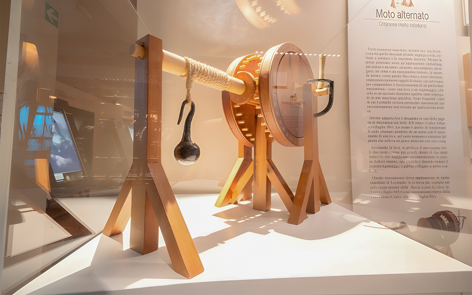 Artifact display at Leonardo3 Museum, Milan featuring a mechanical model.