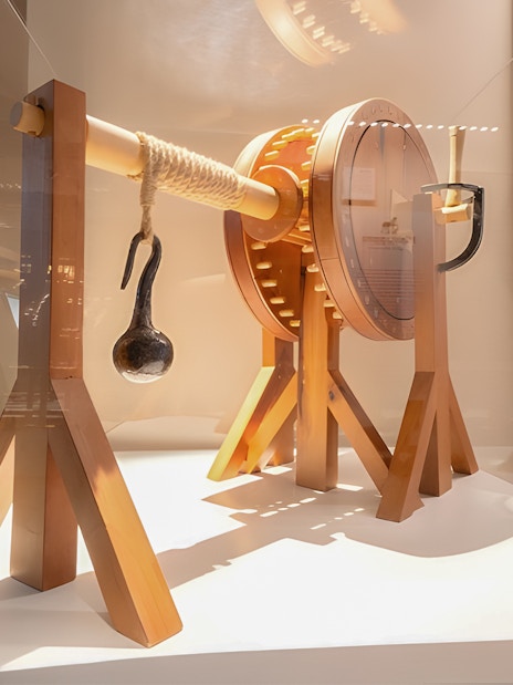 Artifact display at Leonardo3 Museum, Milan featuring a mechanical model.