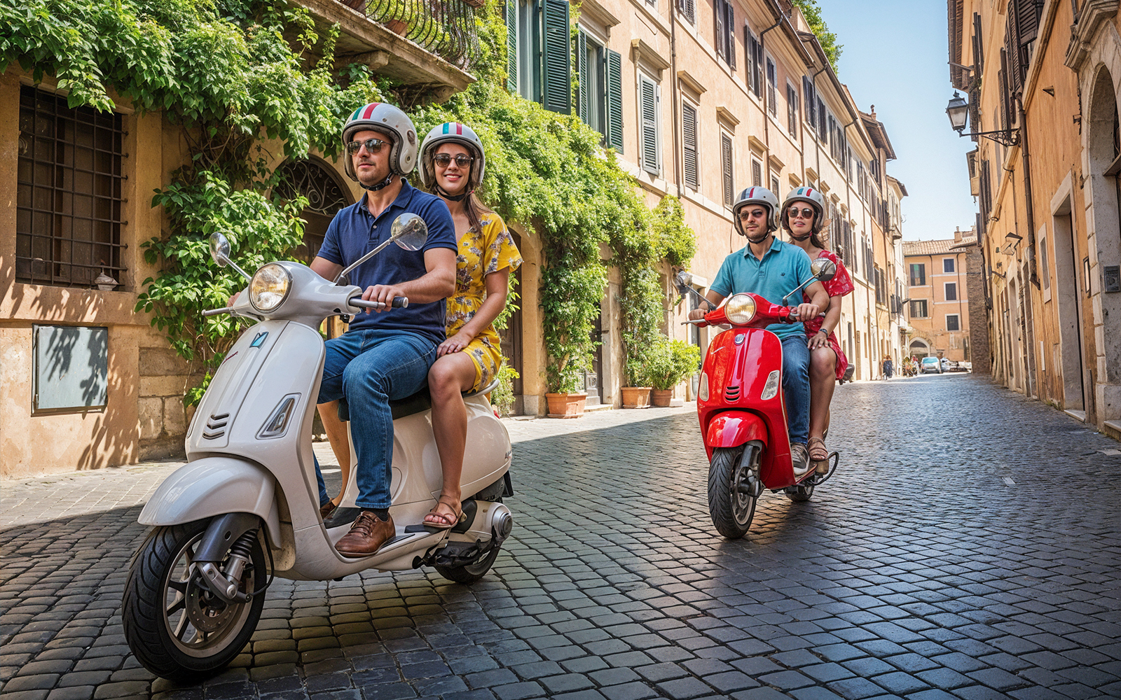 Tourists riding Vespas through Trastevere, Rome on a cobblestone street.
