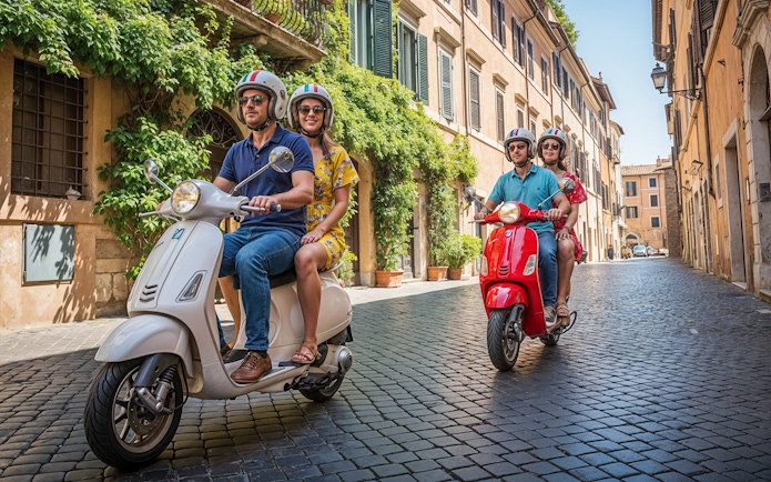 Tourists riding Vespas through Trastevere, Rome on a cobblestone street.