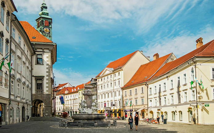 Ljubljana city center with Robba's Fountain and City Hall, Slovenia.