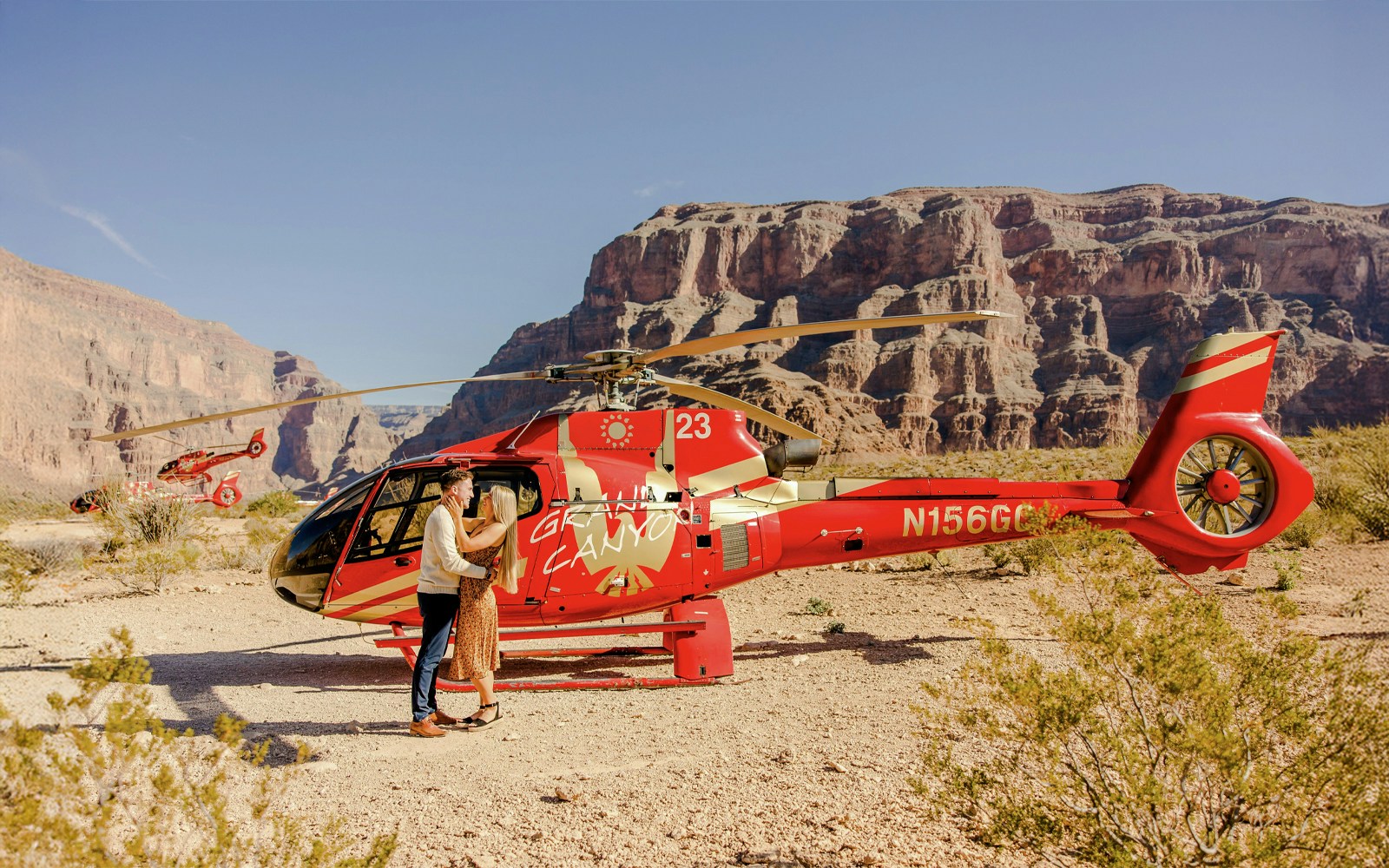 Helicopter on Grand Canyon floor during Las Vegas to Grand Canyon West tour.