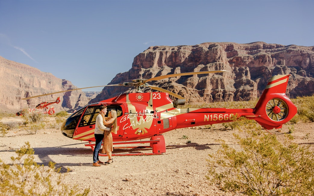 Helicopter on Grand Canyon floor during Las Vegas to Grand Canyon West tour.