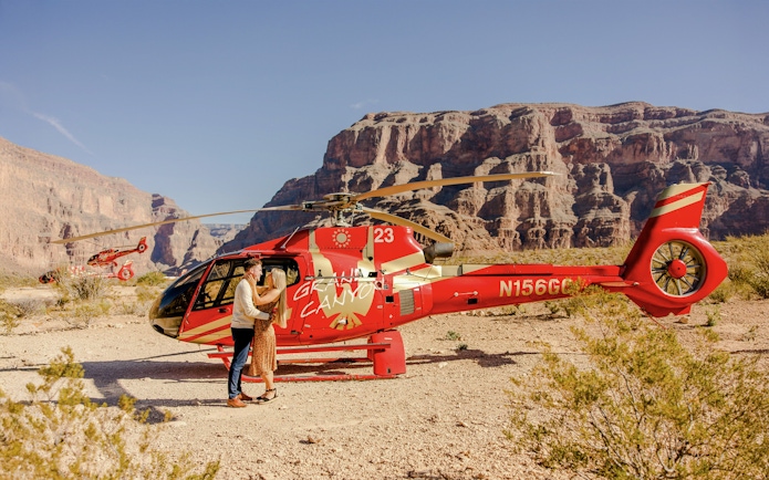 Helicopter on Grand Canyon floor during Las Vegas to Grand Canyon West tour.