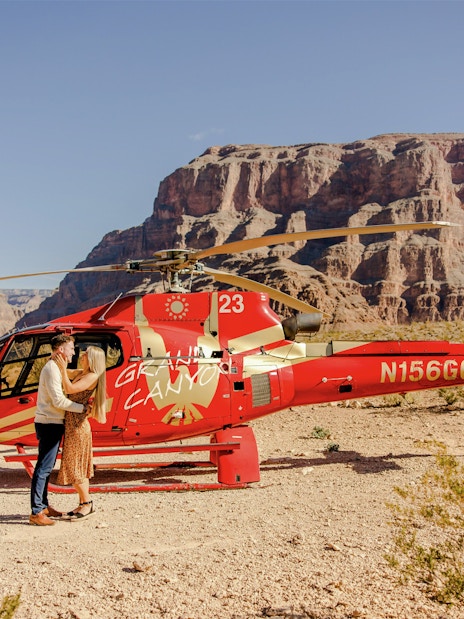 Helicopter on Grand Canyon floor during Las Vegas to Grand Canyon West tour.