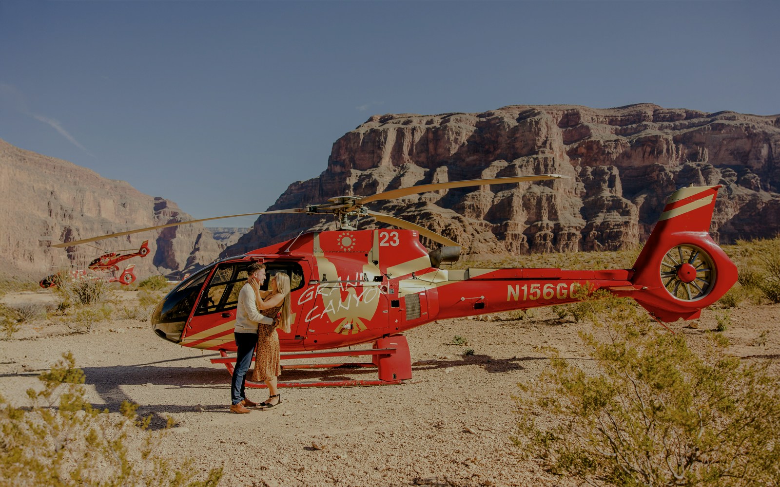 Helicopter on Grand Canyon floor during Las Vegas to Grand Canyon West tour with pontoon boat ride.
