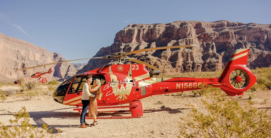 Helicopter on Grand Canyon floor during Las Vegas to Grand Canyon West tour.