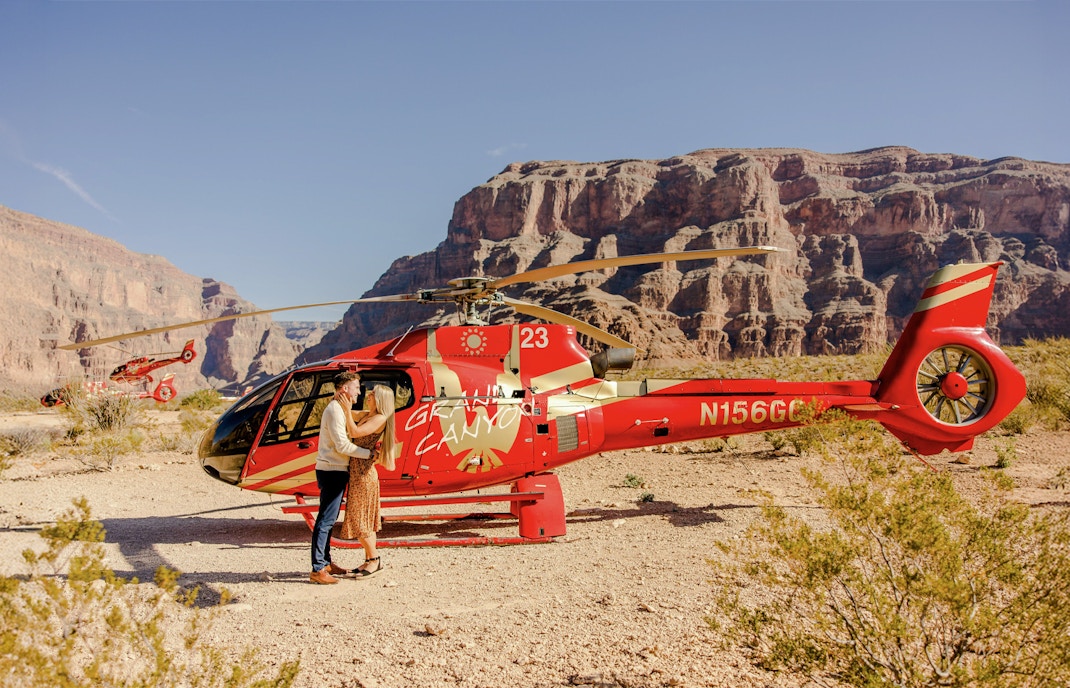 Helicopter on Grand Canyon floor during Las Vegas to Grand Canyon West tour with pontoon boat ride.