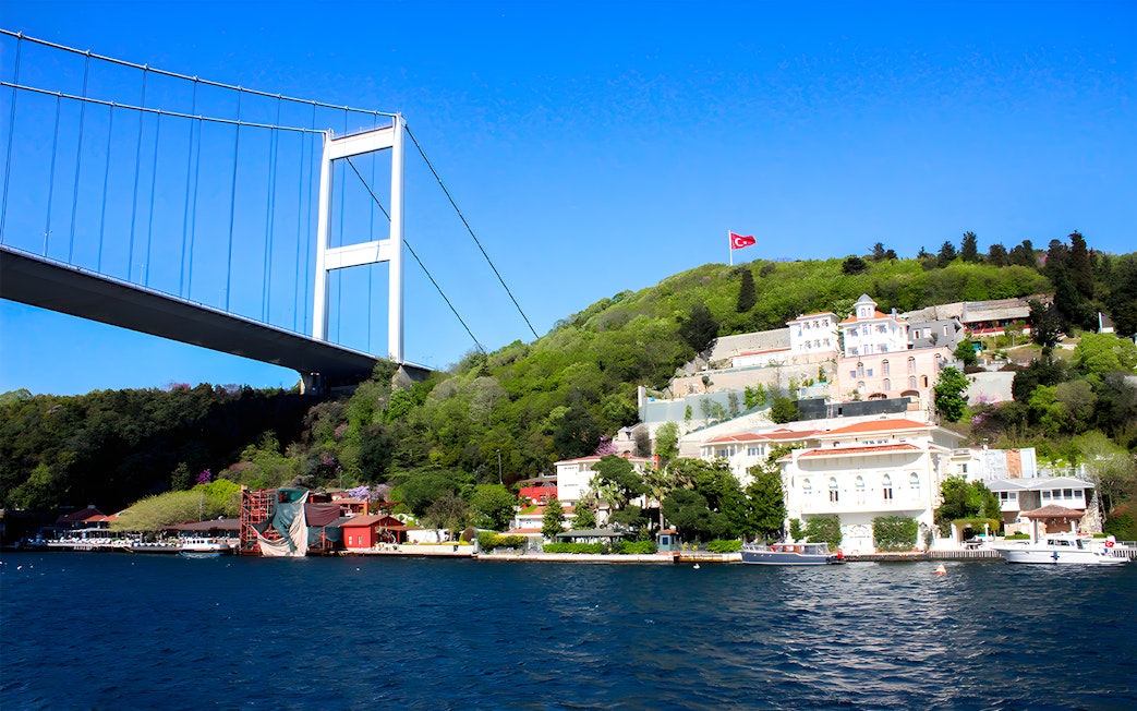 Bosphorus Bridge and hillside buildings on Istanbul Bosphorus Cruise route.