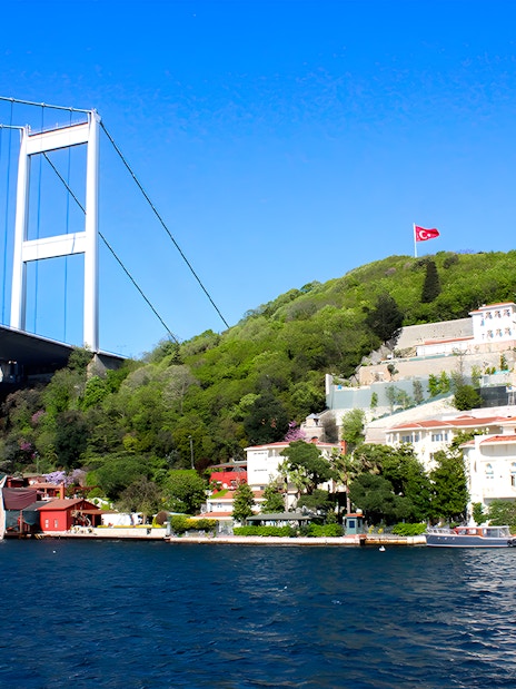 Bosphorus Bridge and hillside buildings on Istanbul Bosphorus Cruise route.