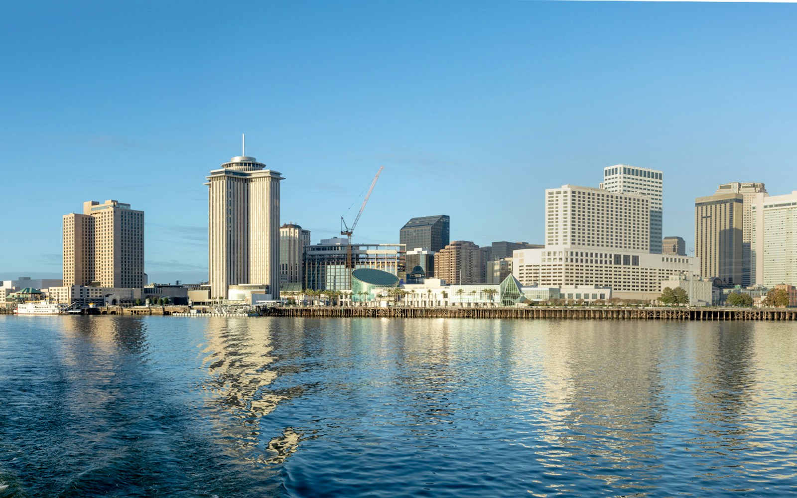 New Orleans skyline in morning light from Mississippi Riverfront