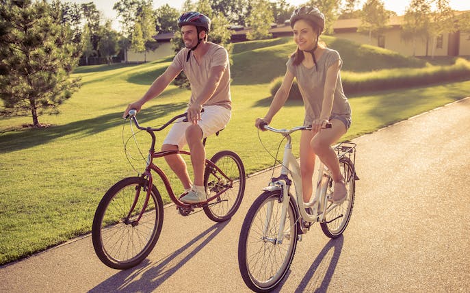 Cyclists enjoying a guided bike tour in Chapultepec Park, Mexico City.
