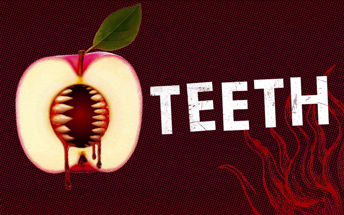 Cross-section of an apple with sharp teeth inside, next to the word "Teeth.