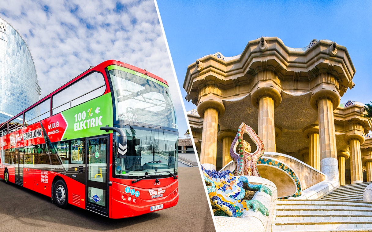 Barcelona hop-on hop-off bus and Park Güell entrance.