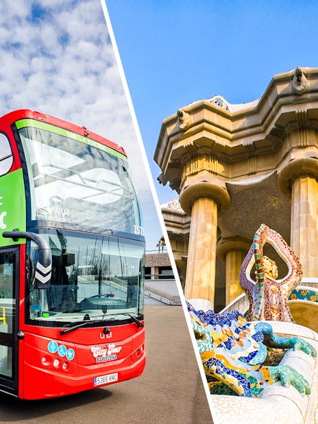 Barcelona hop-on hop-off bus and Park Güell entrance.