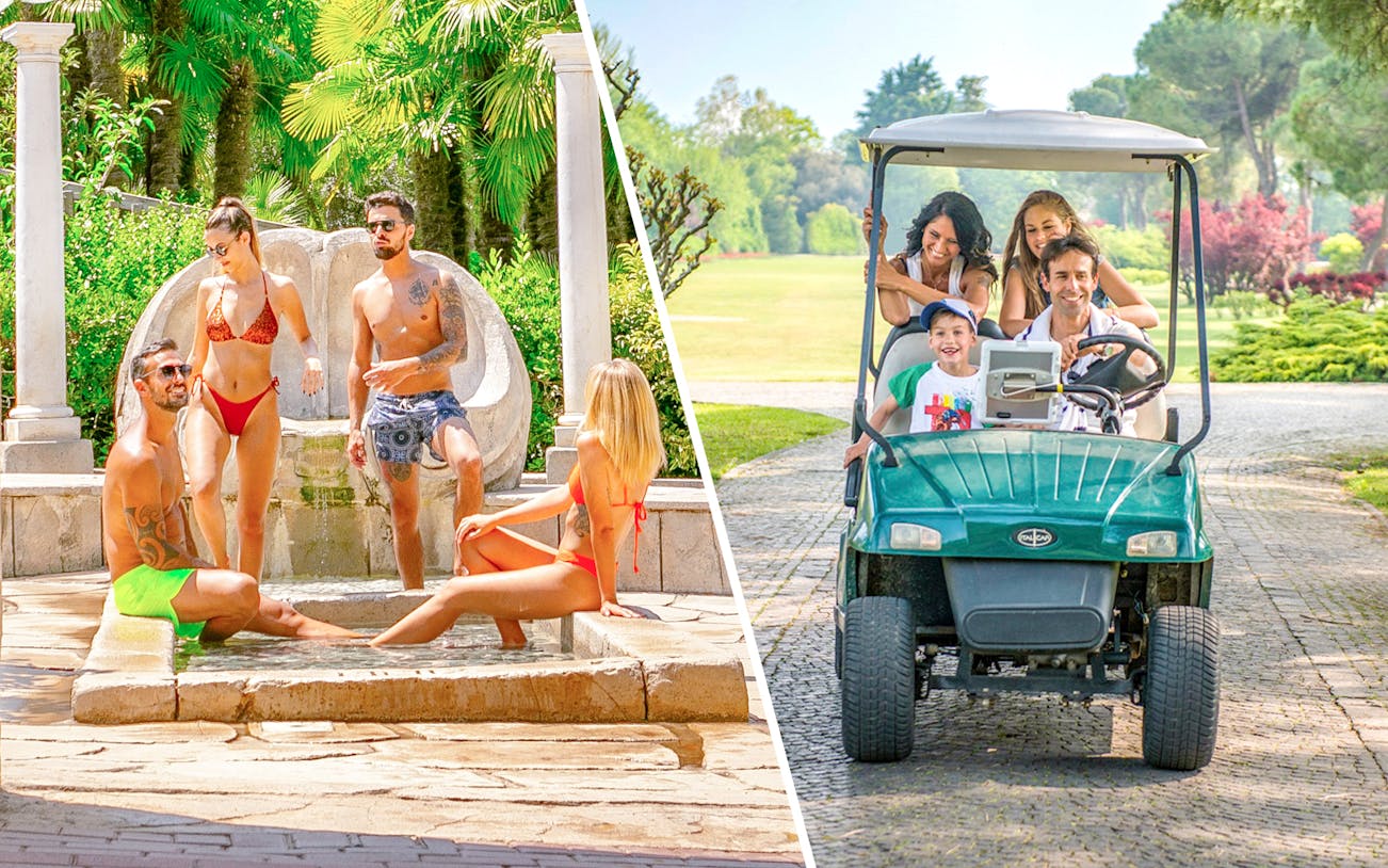Visitors enjoying a fountain at Parco Cavour and a family riding a golf cart at Parco Giardino Sigurtà.