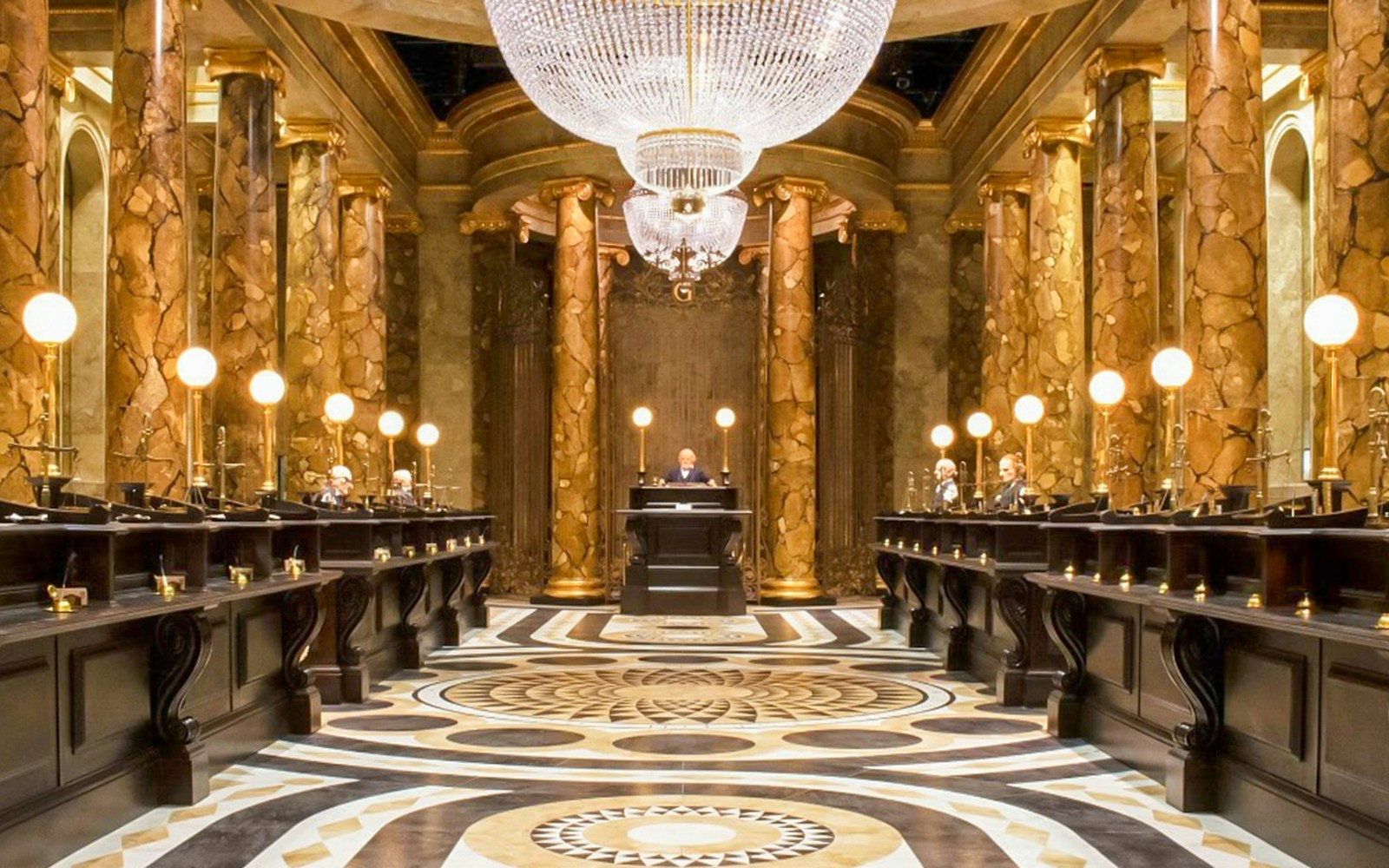Grand hall of Gringotts Bank set at Harry Potter Warner Bros. Studio Tour, London.