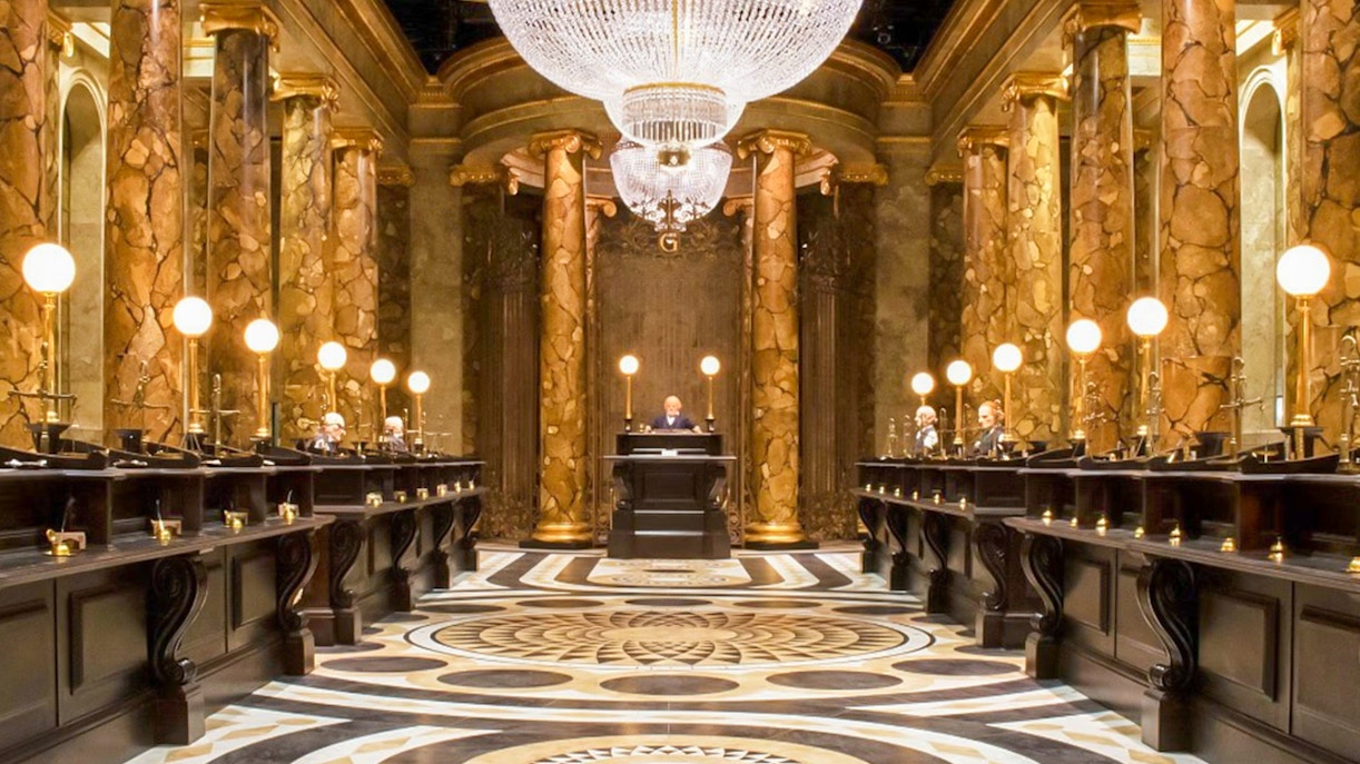 Grand hall of Gringotts Bank set at Harry Potter Warner Bros. Studio Tour, London.