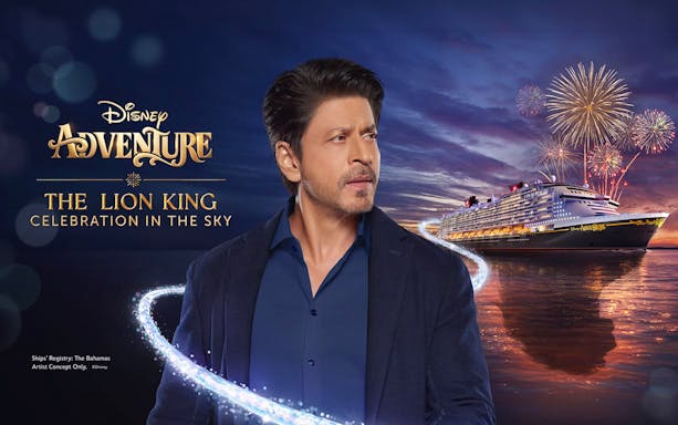 Disney Adventure cruise ship with fireworks celebrating The Lion King.