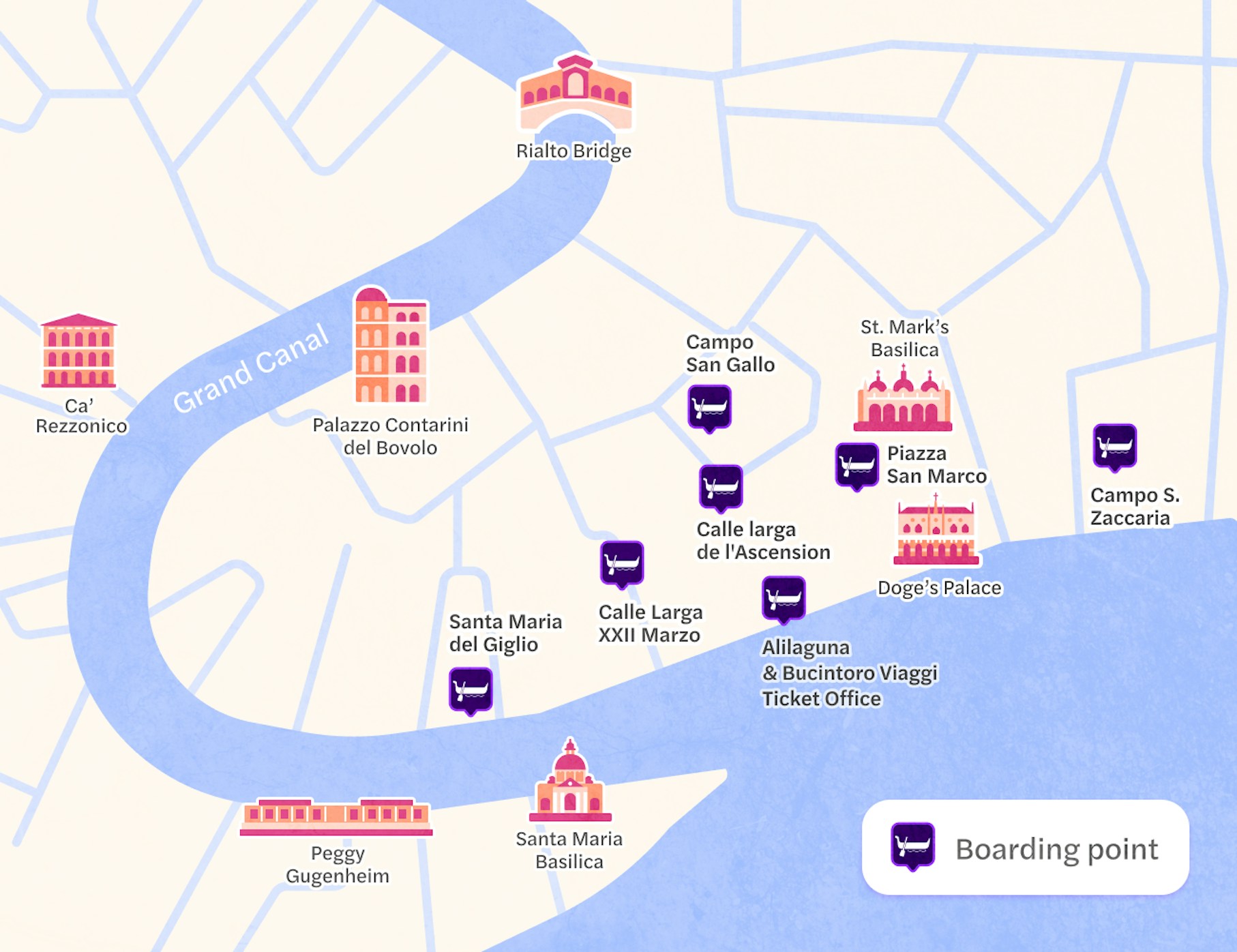 Venice gondola route map highlighting key canals and landmarks.
