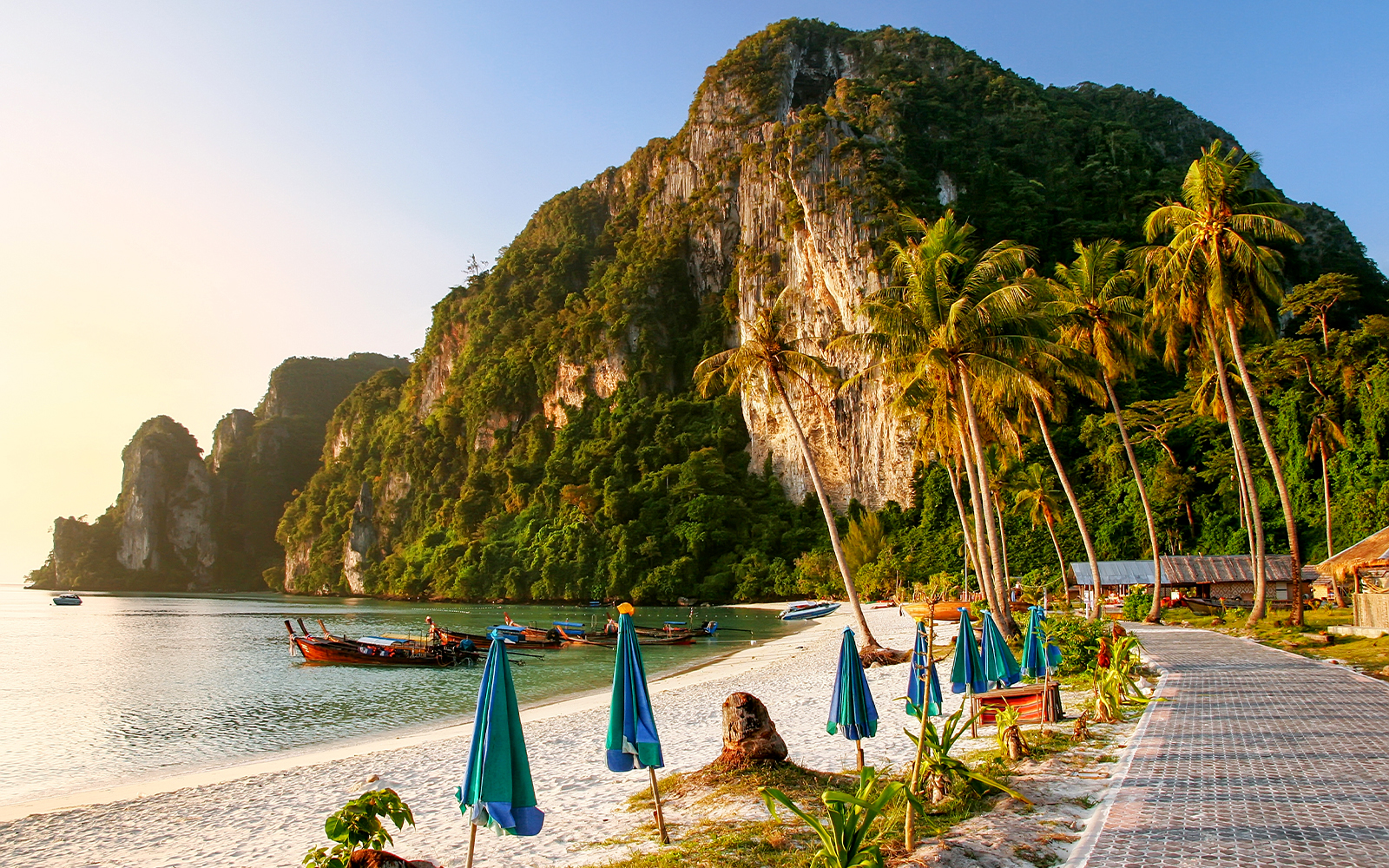 Phi Phi Island beach with boats and palm trees at sunrise.