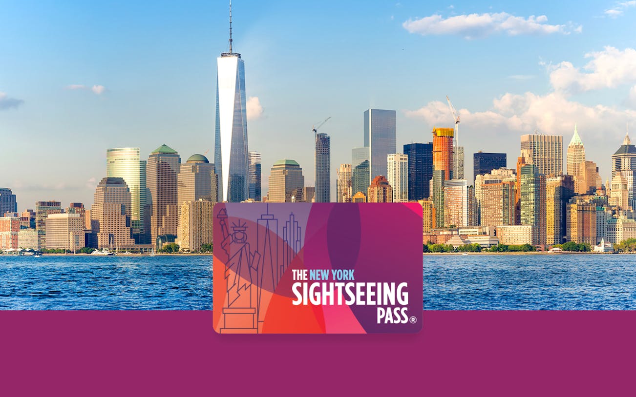 New York City skyline with Sightseeing Pass card in foreground.