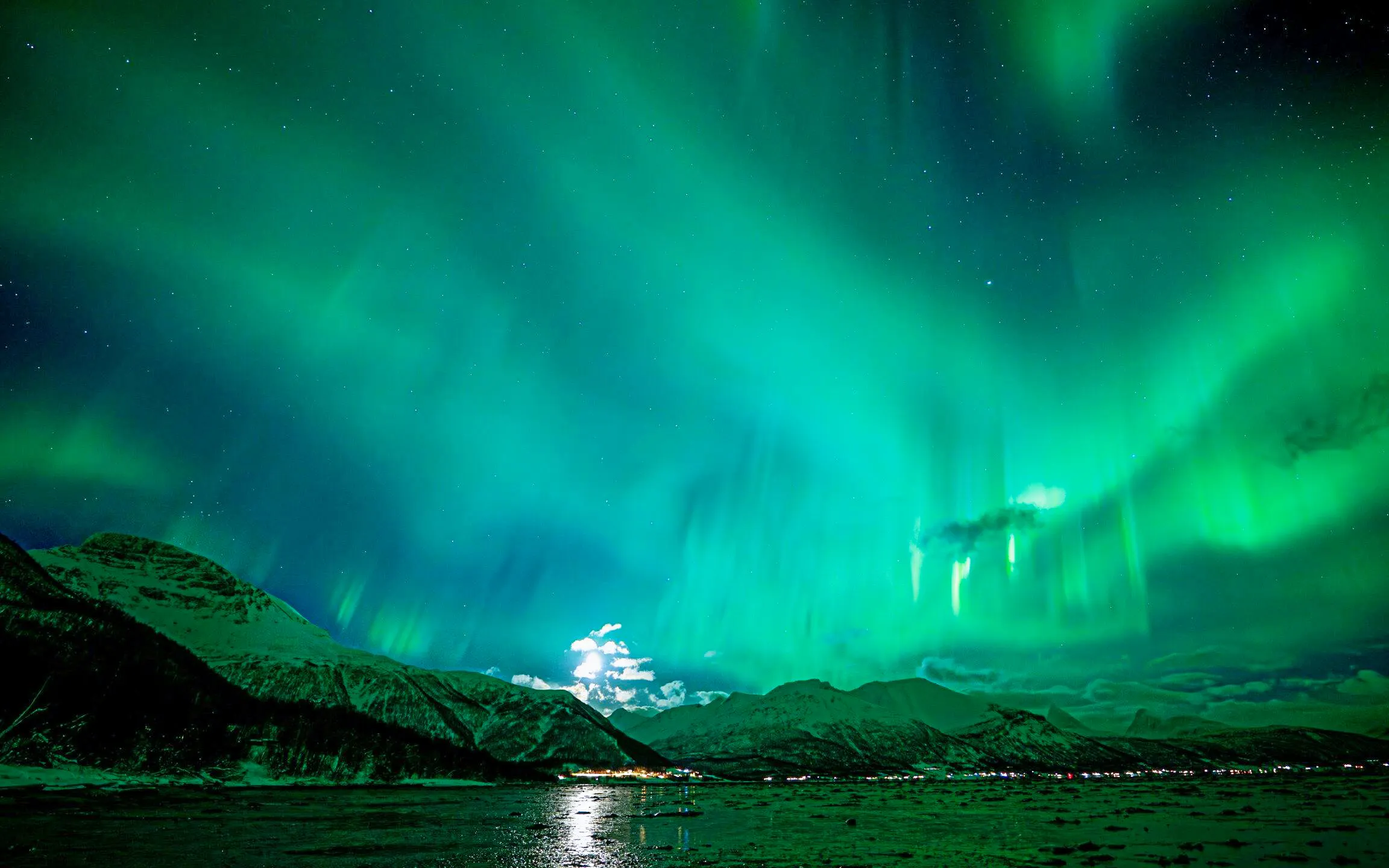 Northern Lights over snowy mountains in Tromso during a small group chase tour.
