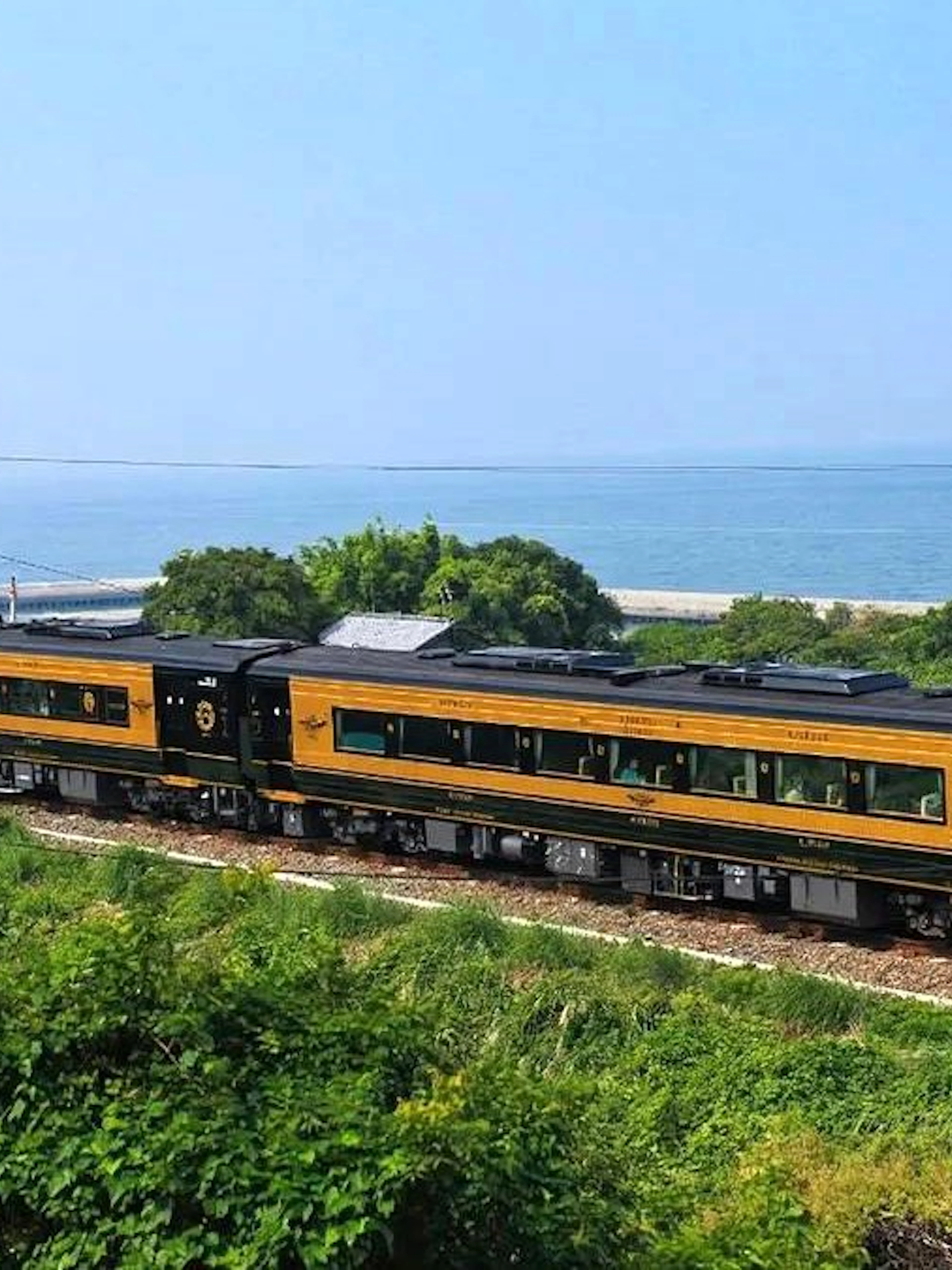 Kyushu scenic train traveling along the coastline with ocean view.