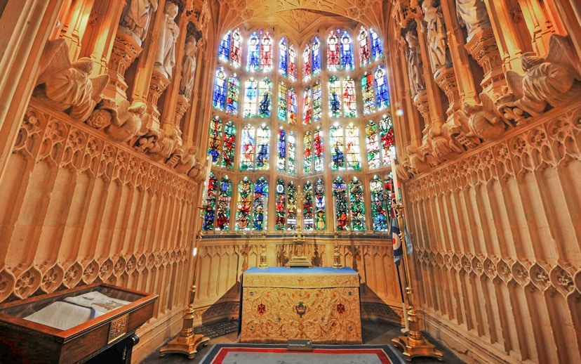 Stained glass windows inside Westminster Abbey, London.