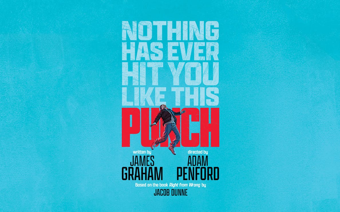 Punch Broadway show poster with a person jumping in front of bold text.