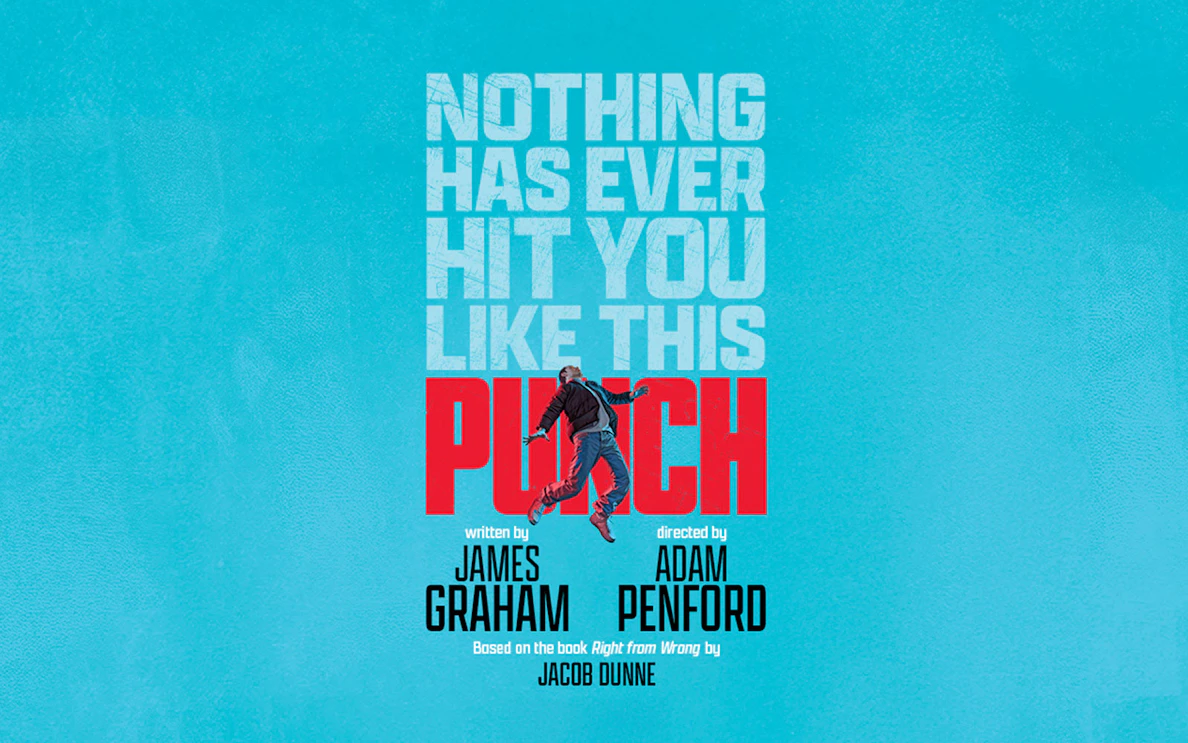 Punch Broadway show poster with a person jumping in front of bold text.