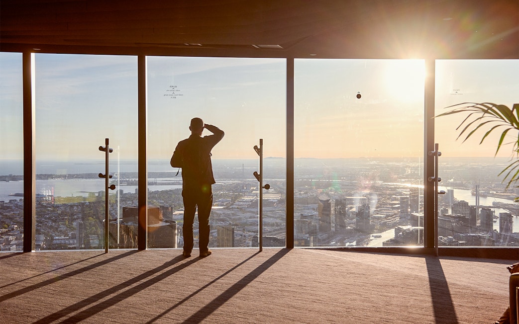 Viewing Melbourne from Eureka Tower Skydeck at sunset.
