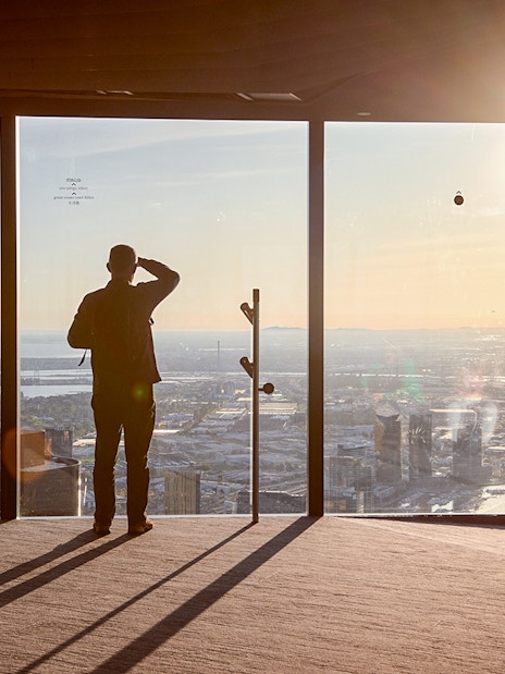Viewing Melbourne from Eureka Tower Skydeck at sunset.