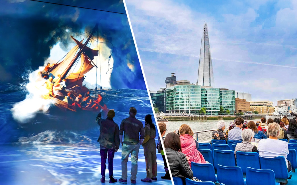 Frameless London exhibit with visitors and Thames River cruise near The Shard.