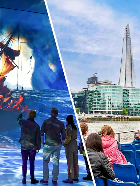 Frameless London exhibit with visitors and Thames River cruise near The Shard.