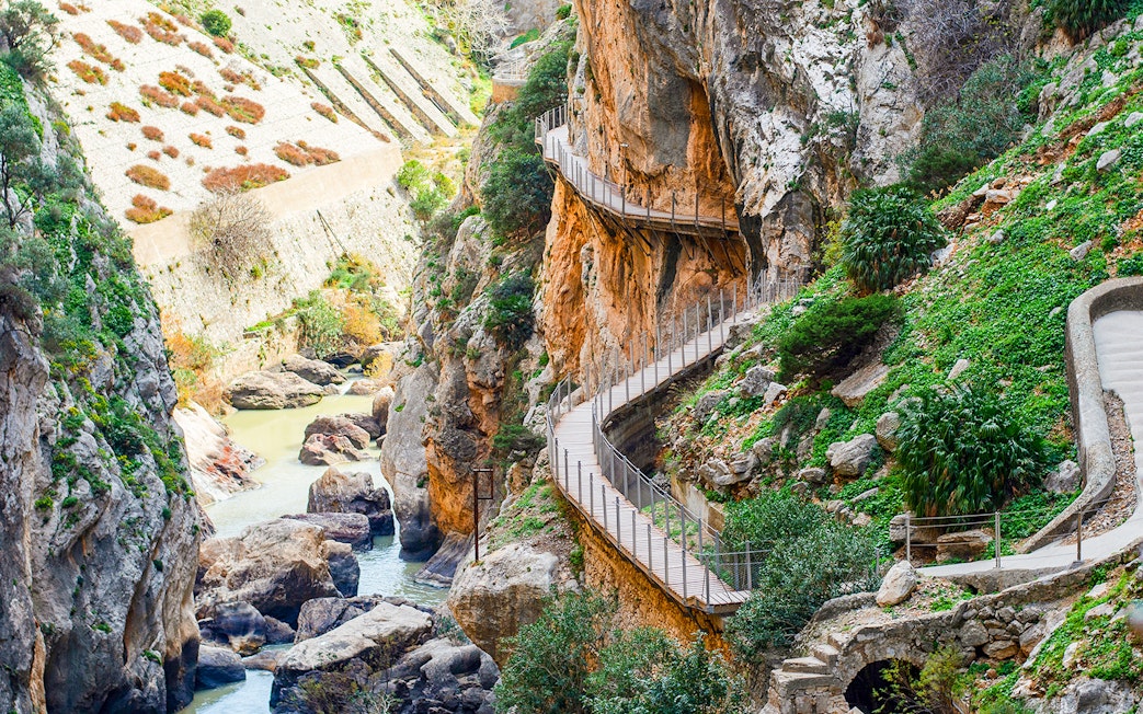 Caminito del Rey walkway along steep cliffs in Málaga, Spain.