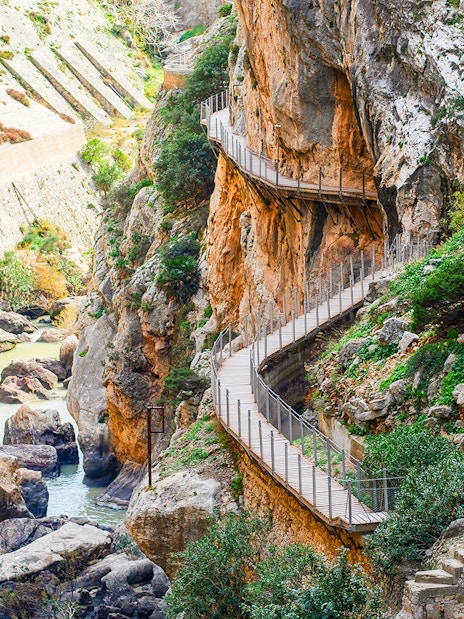 Caminito del Rey walkway along steep cliffs in Málaga, Spain.