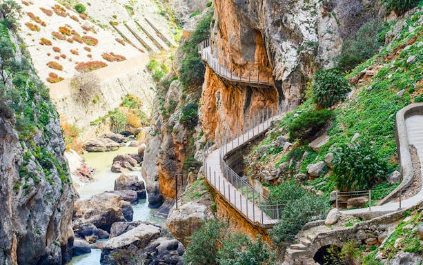 Caminito del Rey walkway along steep cliffs in Málaga, Spain.