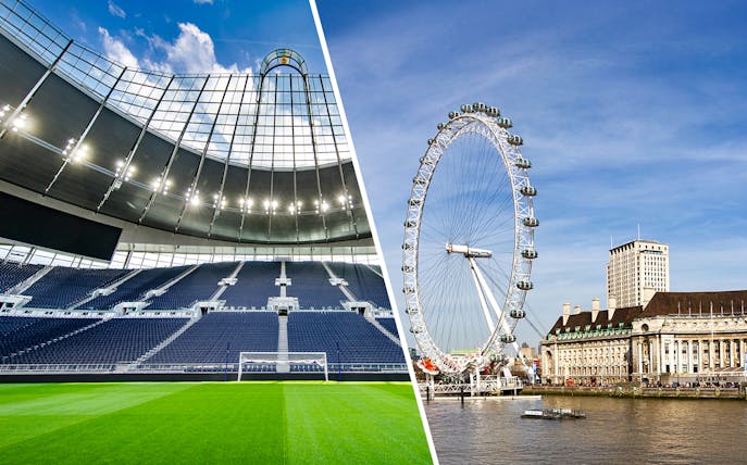 Stadium interior and London Eye on a sunny day.