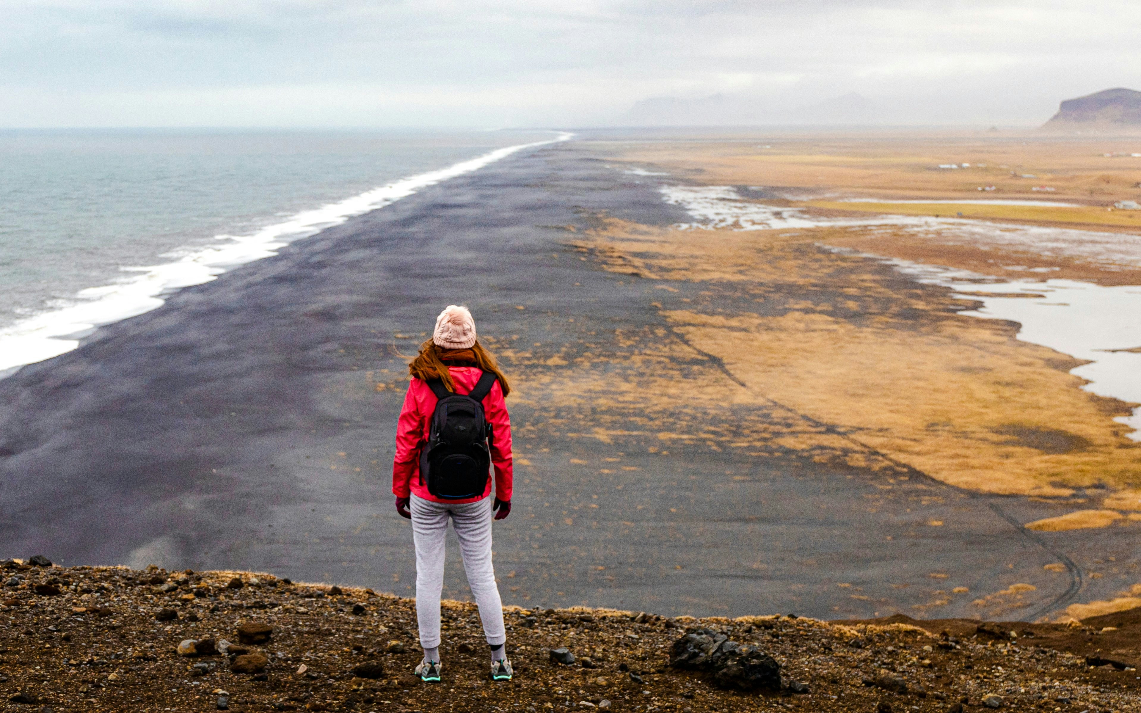 Person overlooking black sand beach at Dyrhólaey viewpoint, Iceland.