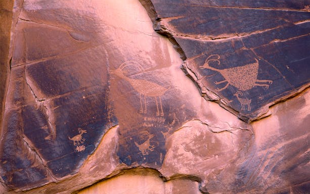 Ancient Anasazi petroglyphs depicting animals at Monument Valley, Utah, USA.