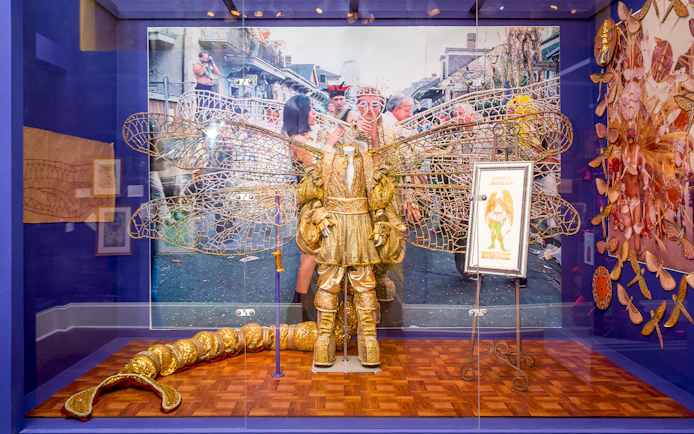 Mardi Gras costume display at a New Orleans museum, featuring intricate gold and winged design.