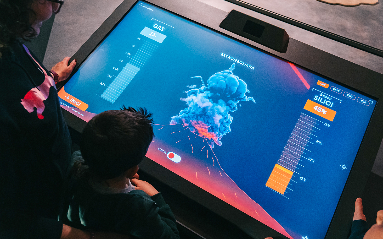 Interactive display showing volcanic eruption simulation at Espai Crater.