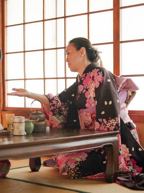 Licensed tea master instructing guest on matcha whisking near Kyoto’s Golden Pavilion.