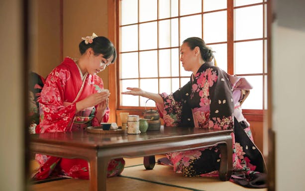 Licensed tea master instructing guest on matcha whisking near Kyoto’s Golden Pavilion.